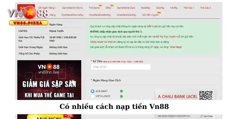 Nạp tiền Vn88 2 Có nhiều cách nạp tiền Vn88